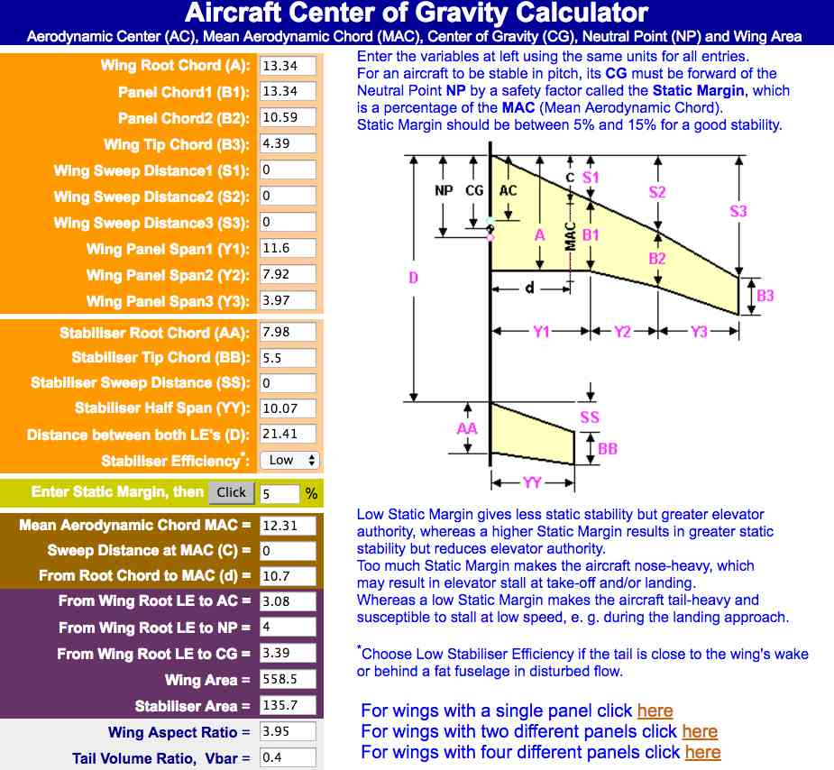 Screen capture of online CG calculator